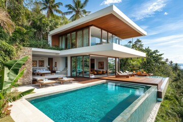 Fototapeta premium Modern villa with pool surrounded by lush tropical landscape.