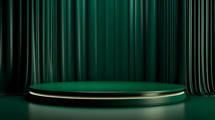 The Empty Podium Awaits: Emerald Green Curtains and a Vibrant Green Platform Provide the Perfect Background for Your Product Showcase Display