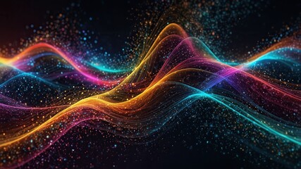Digital particles of wave, light and energy, multi colored abstract. Ideal for desktop background or wallpaper.
