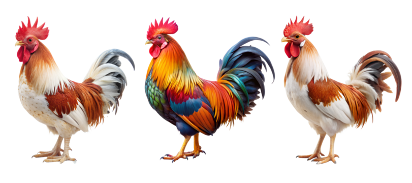 Rooster, three colourful roosters standing on a transparent background