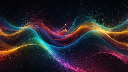 Digital particles of wave, light and energy, multi colored abstract. Ideal for desktop background or wallpaper.