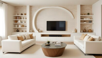 Photo modern style interior room 3d illustration Interior frame living room with colorful white sofa,led with blank frame