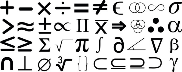 Math symbol set, Mathematical symbols vector including plus, minus, multiplication, division, equal, infinity, pi, sigma, integral, and delta for educational content, math resource