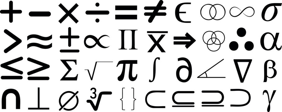 Math symbol set, Mathematical symbols vector including plus, minus, multiplication, division, equal, infinity, pi, sigma, integral, and delta for educational content, math resource
