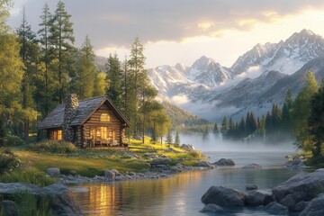 Fototapeta premium rustic mountain retreat charming log cabin nestled among towering pines surrounded by misty peaks golden hour light bathes the scene in warmth creating a cozy and inviting wilderness escape