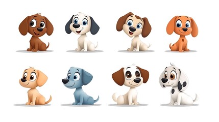 Obraz premium A delightful collection of adorable cartoon dogs in various poses and colors. Perfect for dog lovers, illustrations, and design projects. 