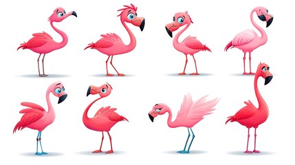 A delightful collection of cartoon flamingos in vibrant standing and flying poses, perfect for tropical-themed illustrations. 