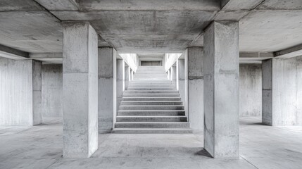 Obraz premium Symmetry in Structural Components, Analyze how symmetry in structural elements, such as pillars, beams, and staircases, contributes to the minimalist aesthetic by emphasizing simplicity and balance