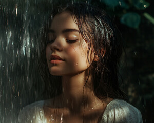 Obraz premium Piękna, młoda, ciemnowłosa kobieta siedząca pod wodospadem.