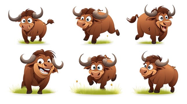 A delightful set of cartoon buffaloes in grazing and running poses, ideal for prairie and wildlife-themed projects. 