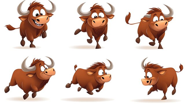 A delightful set of cartoon buffaloes in grazing and running poses, ideal for prairie and wildlife-themed projects. 
