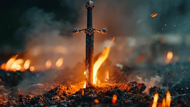 The Prince's legendary sword emerges from flames in a mysterious forest setting at dawn