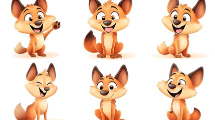 Obraz premium A delightful set of cartoon wolves in various playful and howling poses, perfect for wilderness and forest-themed projects. 