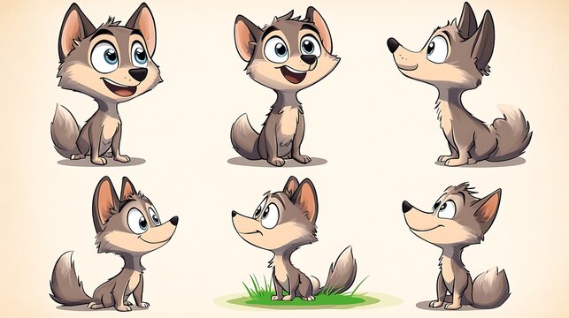 A delightful set of cartoon wolves in various playful and howling poses, perfect for wilderness and forest-themed projects. 