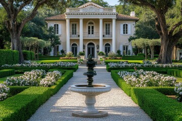 Elegant mansion surrounded by manicured gardens and a fountain.