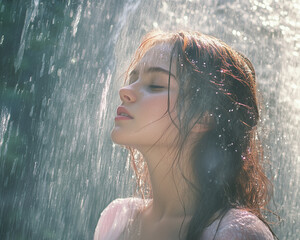 Piękna, młoda, ciemnowłosa kobieta siedząca pod wodospadem.