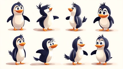 Obraz premium A delightful variety of cartoon penguins in playful poses, dressed in their iconic tuxedo-like feathers. Perfect for arctic-themed designs. 