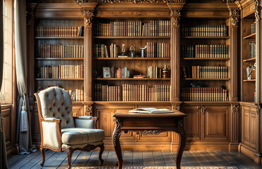 Luxury interior of an old library with bookshelves, armchair and a bookcase.
