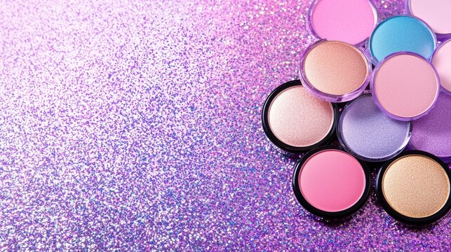 Shimmering eyeshadow palette with metallic and pastel shades, placed on a glittery surface, perfect for showcasing luxurious makeup and cosmetics