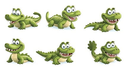 Naklejka premium A fun array of cartoon crocodiles in playful swimming and lounging poses, ideal for swamp and wildlife-themed illustrations. 