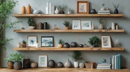 Modern shelves displaying plants, art, and decorative items.