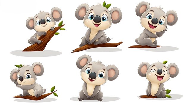 A fun array of cartoon koalas in cute tree-hugging poses, perfect for animal lovers and wildlife projects. 