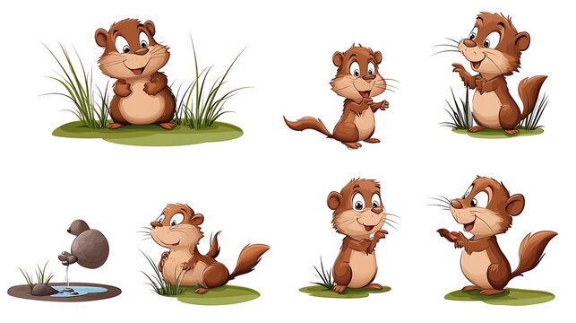 A fun assortment of cartoon beavers in playful dam-building poses, great for river and woodland-themed designs. 