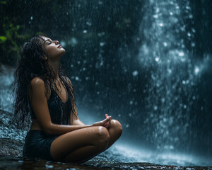 Fototapeta premium Piękna, młoda, ciemnowłosa kobieta siedząca pod wodospadem.