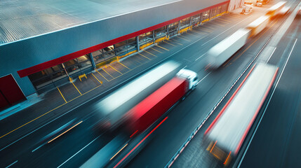 Motion blur of container trucks entering and leaving an international logistics distribution warehouse. Ai generate.
