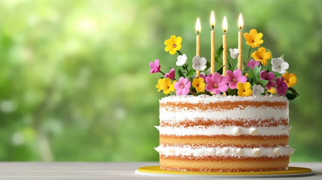 Beautiful floral birthday cake with candles and fresh flowers on top, perfect for celebrations and special occasions - Powered by Adobe