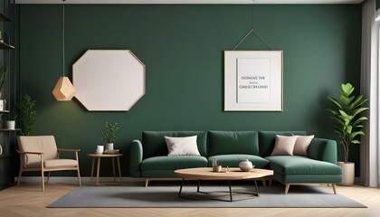 Photo modern style interior room 3d illustration Interior frame living room with colorful white sofa,led with blank frame