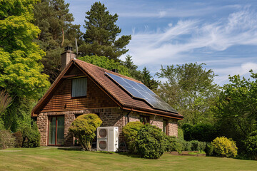 Fototapeta premium House with solar panels and heat pump system. Modern approach to economic and ecological efficiency.