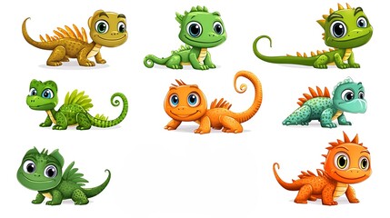 Fototapeta premium A fun assortment of cartoon lizards in quirky climbing and sunbathing poses, ideal for desert and reptile-themed designs. 