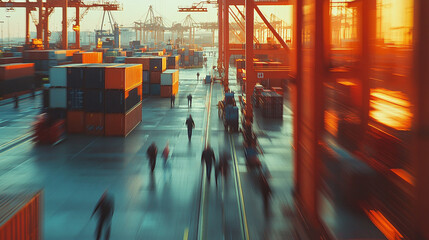 Fototapeta premium Logistics workers bustling about in a large international shipping port with many containers. Ai generate.