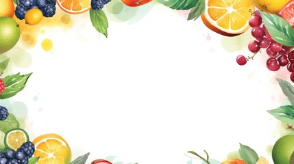 Vibrant Watercolor Fruit and Foliage Frame Background. Citrus and Tropical Leaves Border