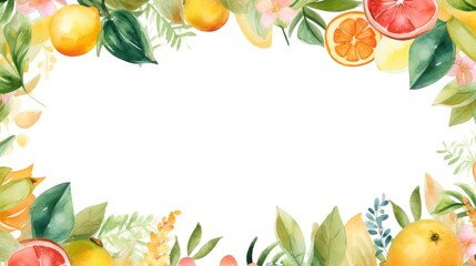 Vibrant Watercolor Fruit and Foliage Frame Background. Citrus and Tropical Leaves Border