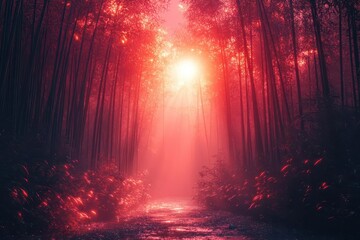Fototapeta premium serene bamboo forest bathed in warm burgundy light creating a mystic atmosphere with tall stalks casting intricate shadows and filtered sunbeams illuminating the misty forest floor