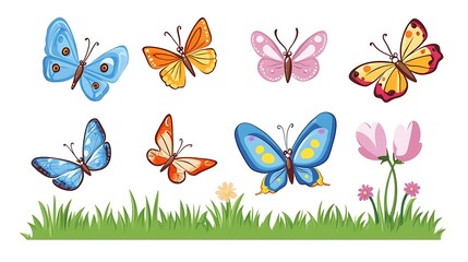 A fun set of cartoon butterflies in colorful flight, ideal for spring and garden-themed illustrations. 
