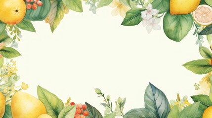 Fototapeta premium Vibrant Watercolor Fruit and Foliage Frame Background. Citrus and Tropical Leaves Border