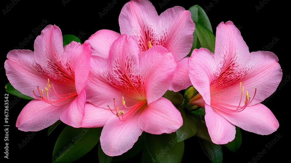 Wall mural Pink Azalea Flowers with Green Leaves on Black Background