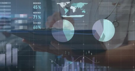 Animation of financial data processing over caucasian female doctor taking notes - Powered by Adobe