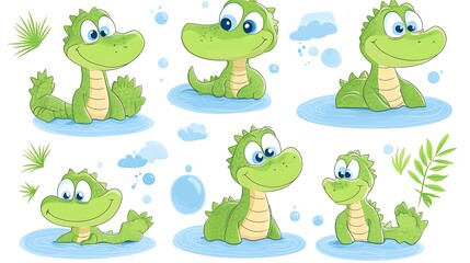 Obraz premium A fun variety of cartoon crocodiles in playful swimming and lounging poses, great for swamp and river-themed designs. 