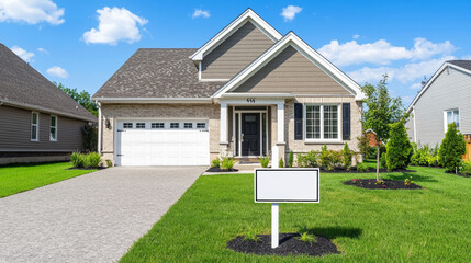 Beautiful suburban home with 'Sold' sign, showcasing modern architecture and well kept lawn in bright sunny weather