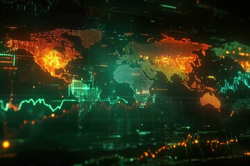 Obraz premium Digital world map with data visualizations and glowing effects.