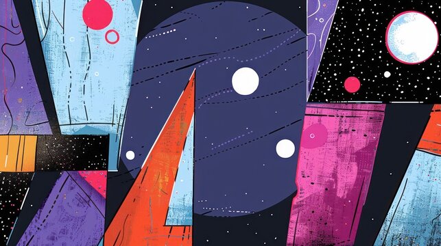 Abstract cosmic design featuring vibrant colors and shapes representing space elements. - Powered by Adobe