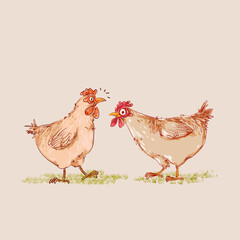 Set of chicken, hen, rooster animal hand drawn line art vector illustration. Sketch, outline vintage style poultry farm bird animal collection.