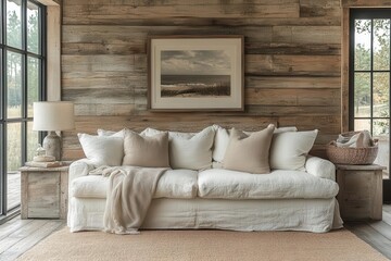 Fototapeta premium serene coastalinspired interior featuring weathered wooden shiplap wall soft natural light enhances the texture and creates a calming beachy atmosphere