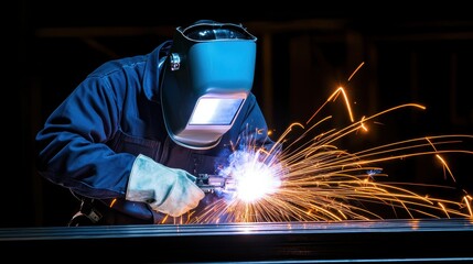 A skilled welder in protective gear creates bright sparks while working on metal, showcasing the art of welding.
