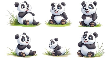 Obraz premium A playful collection of cartoon pandas in different poses, showcasing their loveable nature. Great for wildlife illustrations. 