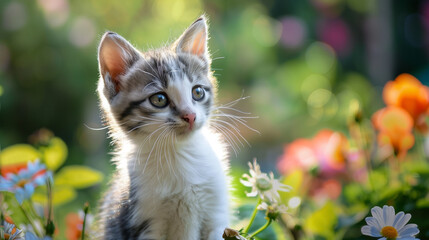 Cute kitten in a garden.
